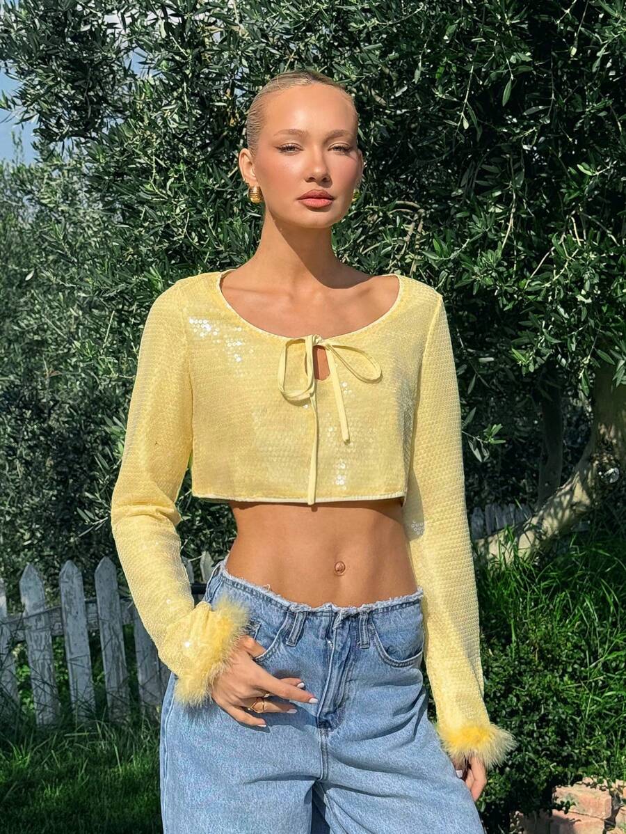 SHEIN EZwear 女士纯色亮片前系带长袖短款上衣 - 黃色 - 查看 1