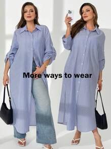 SHEIN Essnce Vestido azul y blanco de manga larga con mangas mixtas para mujeres de talla grande, para el estilo de negocios casuales, elegantes, de primavera, de vacaciones, de festival, de estilo old money, de moda casual para ir al trabajo