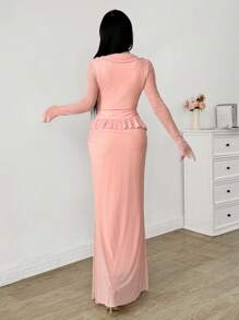 Modelyn Women's Elegant 2 Pieces Set: Mesh Ruffle Trim Blouse + Mesh Pleated Skirt, Suitable For Dates - Pink - View 2