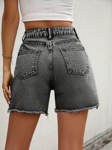 Retro Distressed Raw Hem High Waist Button Denim Shorts - Light Grey - View 2