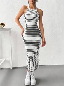 SHEIN EZwear Vestido corto sin mangas de punto a rayas para mujer, negro y blanco