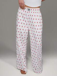 SHEIN Unity Pantaloni drepti cu imprimeu cireș cu talie reglabilă - alb - Vizualizare 3