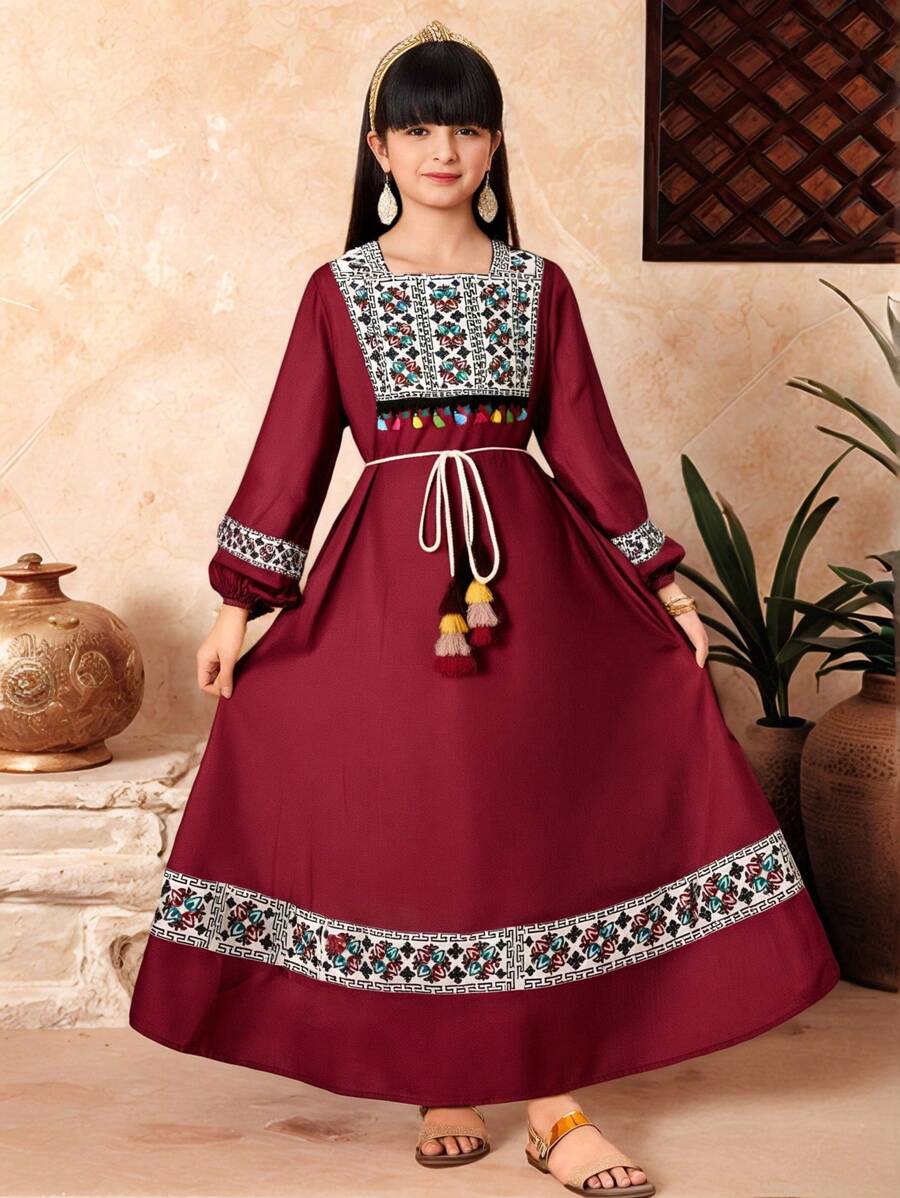 SHEIN Tween Girls' Casual Vacation Floral Patchwork Fringed Belt & Ankle Length Dress - Burgundy - View 1