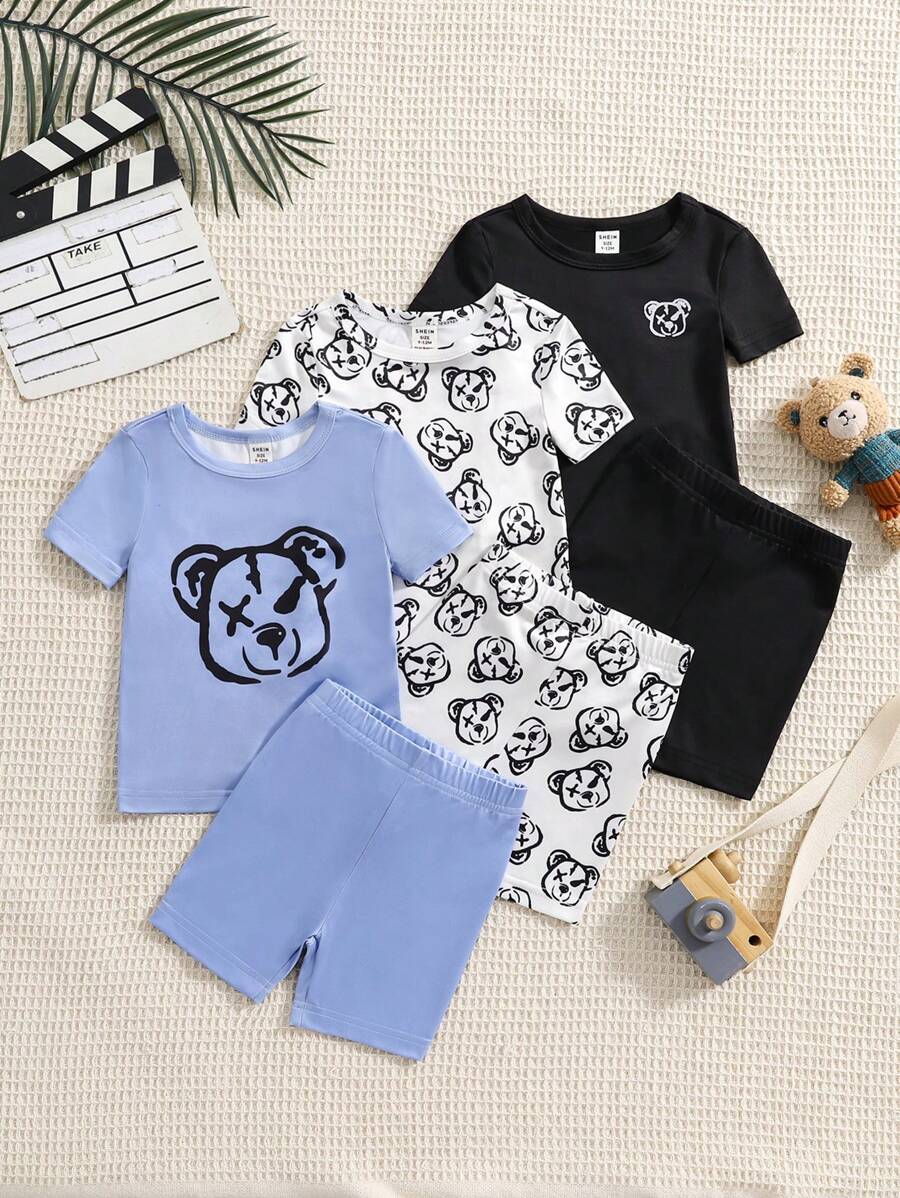 6 件套男婴春夏针织圆领熊印花短袖 T 恤和短裤贴身睡衣和家居服套装 - 彩色 - 查看 1