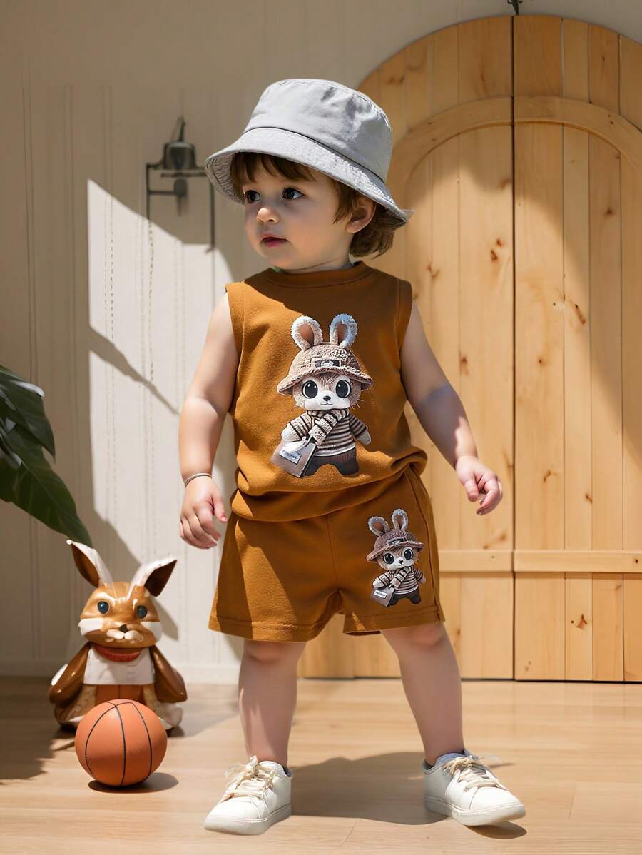 SHEIN Vintaside Kids Baby Boy Summer Cute Rabbit Print Top Paired With Matching Shorts Clothes Set, Adorable Style, Crew Neck Sleeveless, Comfortable Fit, Suitable For Outdoor Activities, Indoor Play, Casual Parties
