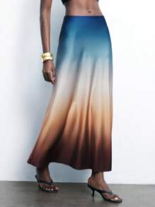 SHEIN Maija Ombre Satin Soft Touch Fashion Women Skirt, Versatile Spring/Summer Bottoms, Suitable For Festivals - Brown - View 3
