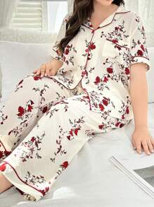 Plus Size Women Floral Print Gauze Ruffled Collar Patch Pocket Top And Pants Pajama Set