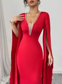 Elenzga Red Beaded Mesh Patchwork Mermaid Hem Bodycon Dress - Red - View 6
