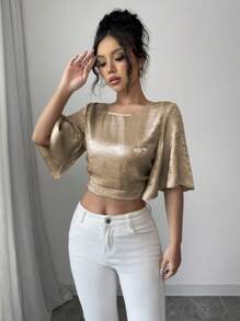 Selianne 女士春夏休闲度假缎面挂脖荷叶边袖衬衫 - 金色 - 查看 5