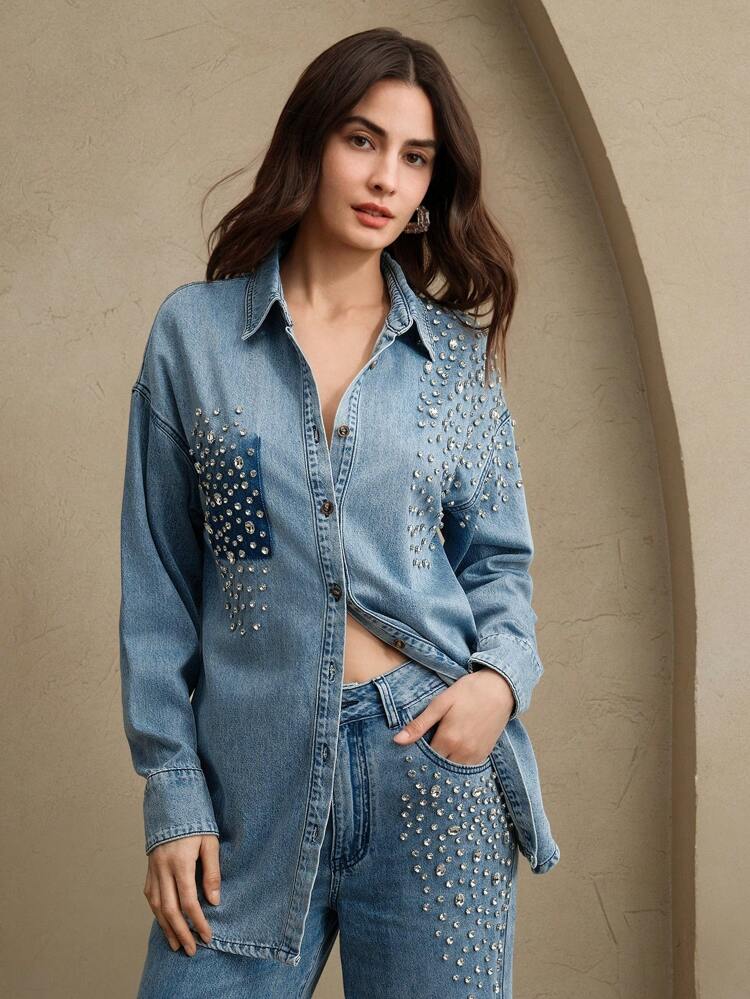 Sparkling Party New Women's Valentine's Day/Mother's Day Heavily Embellished Diamond Denim Shirt, Blue