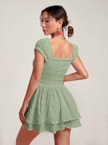 SHEIN PETITE Women Solid Color Ruched Square Collar Raglan Sleeve Pleated Mini Dress - Mint Green - View 2