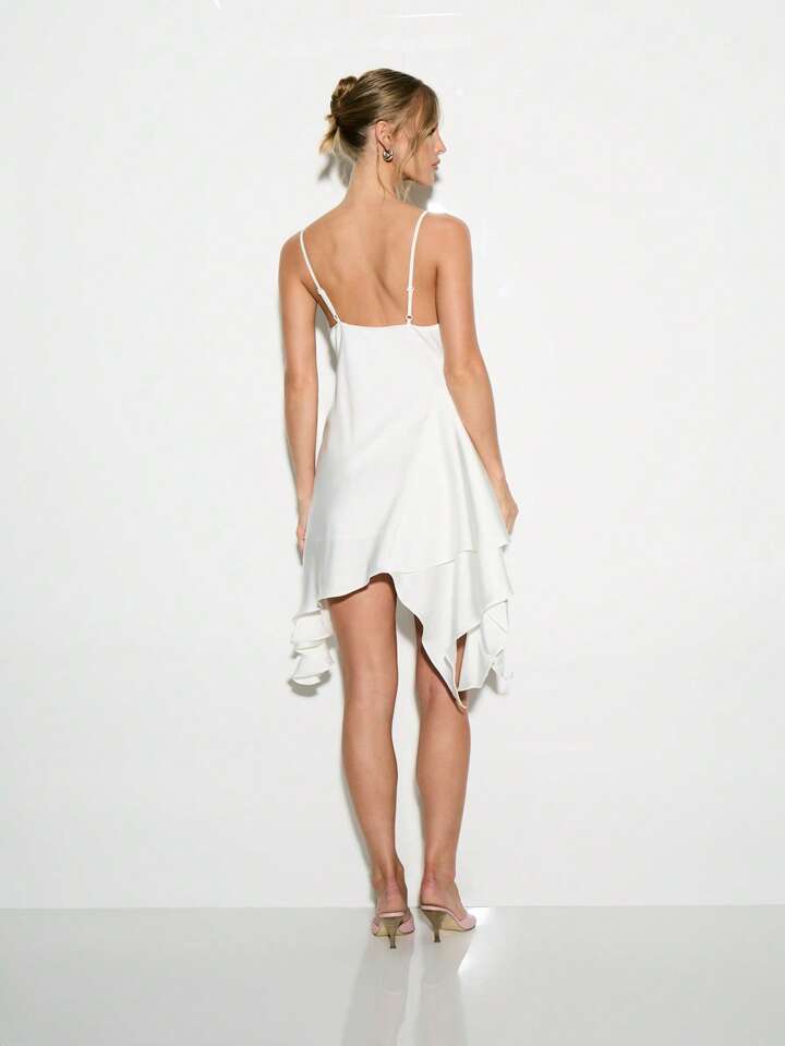 cowl neck asymmetric hem mini dress in white Cowl High Neck Lace Trim Asymmetric Hem Detail Mini Dress In Cream Satin |  EGO US