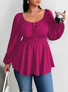 Flirla Plus Size Drawstring & Elastic Waist Front Button Long Sleeve Shirt Peplum Top