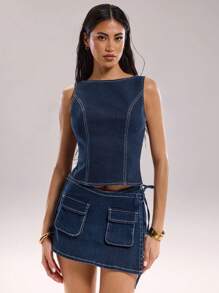 SHEIN BAE Blusa vaquera de mujer de cuello redondo sin mangas, versátil para uso diario