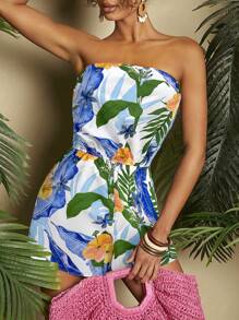 Travachic 度假花卉印花抹胸和短裤连体衣 - 紫色 - 查看 3