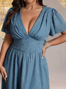 SHEIN Belle Plus Size Women Ruffle Waist Sheer Lace Trim Ruffled Sleeve Elegant Long Dress - Dusty Blue - View 7