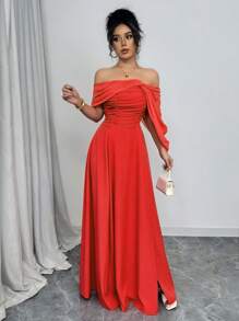 Rafferiza Đầm trễ vai nhún bèo cổ bẻ eo cho nữ - Đỏ - Xem 3