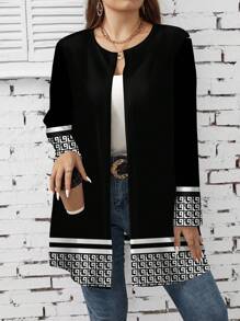 SHEIN LUNE Plus Size Women Casual Minimalist Geometric Print Lightweight Jacket
