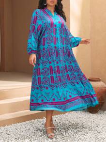 RueChic Floral All Over Print Vacation Style V-Neck Plus Dress - Blue - View 7