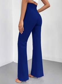 EURMUSE Solid High Waist Flare Leg Pants - Navy Blue - View 2