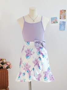 SHEIN 2pcs Tween Girl Floral Print Spaghetti Strap Top And Ruffle Hem Bowknot Skirt Set, Purple - Yellow - View 3