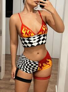 SHEIN ICON 女士夏季服装俱乐部服装女士性感演唱会服装女士个性化时尚火焰棋盘印花吊带背心和镂空短裤两件套