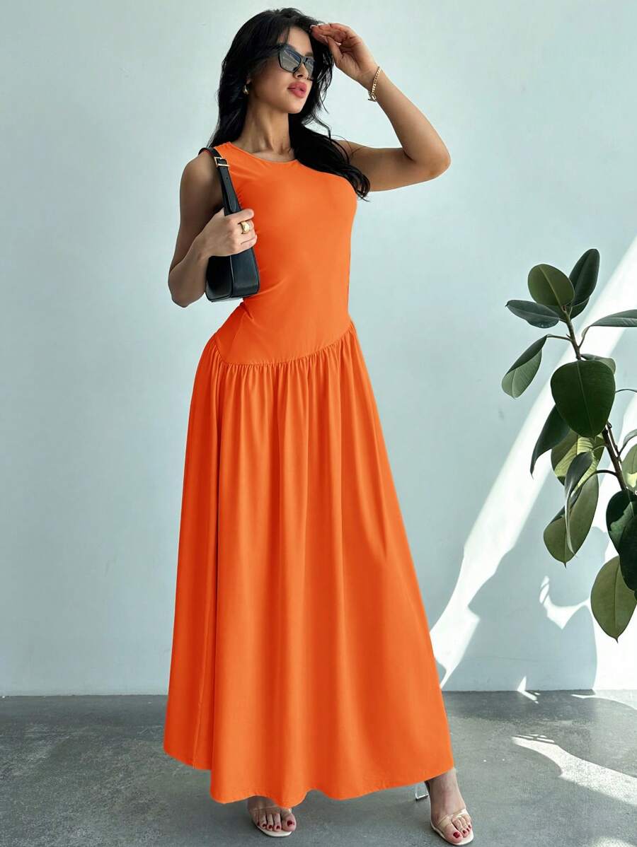 Firerie Women's Ruched Waist Ruffled Hem Round Neck Sleeveless Dress - Orange - View 1