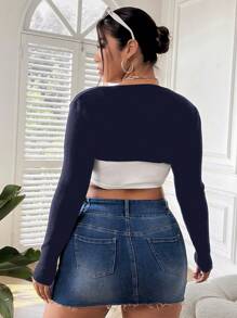 SHEIN EZwear Plus Size Sexy Minimalist Solid Color Lightweight Fitted Cropped Cardigan - Navy Blue - View 2