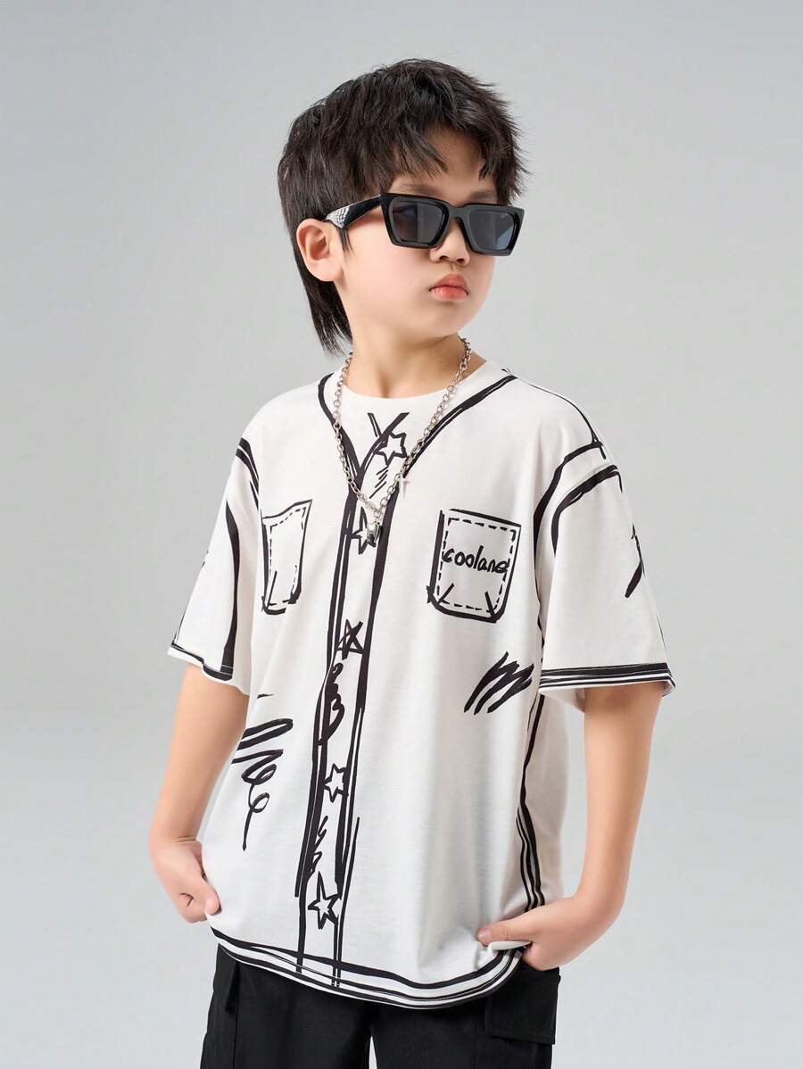 SHEIN Teenager Spring/Summer Casual Colorblock Printed T-Shirt Boys' Creative Funny Casual Simple Short-Sleeved Round Neck T-Shirt, Suitable For Summer - White - View 1