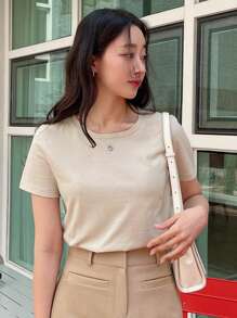 DAZY Solid Round Neck Tee - Khaki - View 4