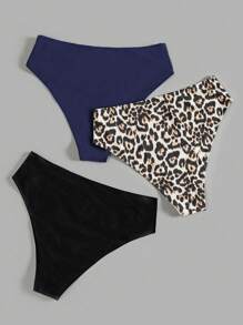 SHEIN Swim Curve 2025 3 件套加大码女式豹纹泳装比基尼泳裤，适合夏季海滩度假 - 藏蓝色 - 查看 2