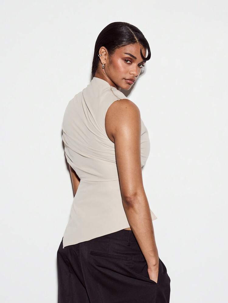 KIZN High Neck Asymmetric Drape Tie Detail Top