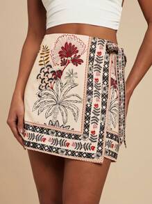 Travachic 女士波西米亚风格热带花卉印花系腰短裤和迷你裙女士夏季服装，波西米亚风女装 - 杏色 - 查看 4