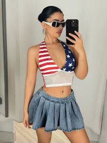 SHEIN ICON Váy mini denim ngắn thường ngày xếp ly cạp thấp cho nữ - Rửa trung bình - Xem 7