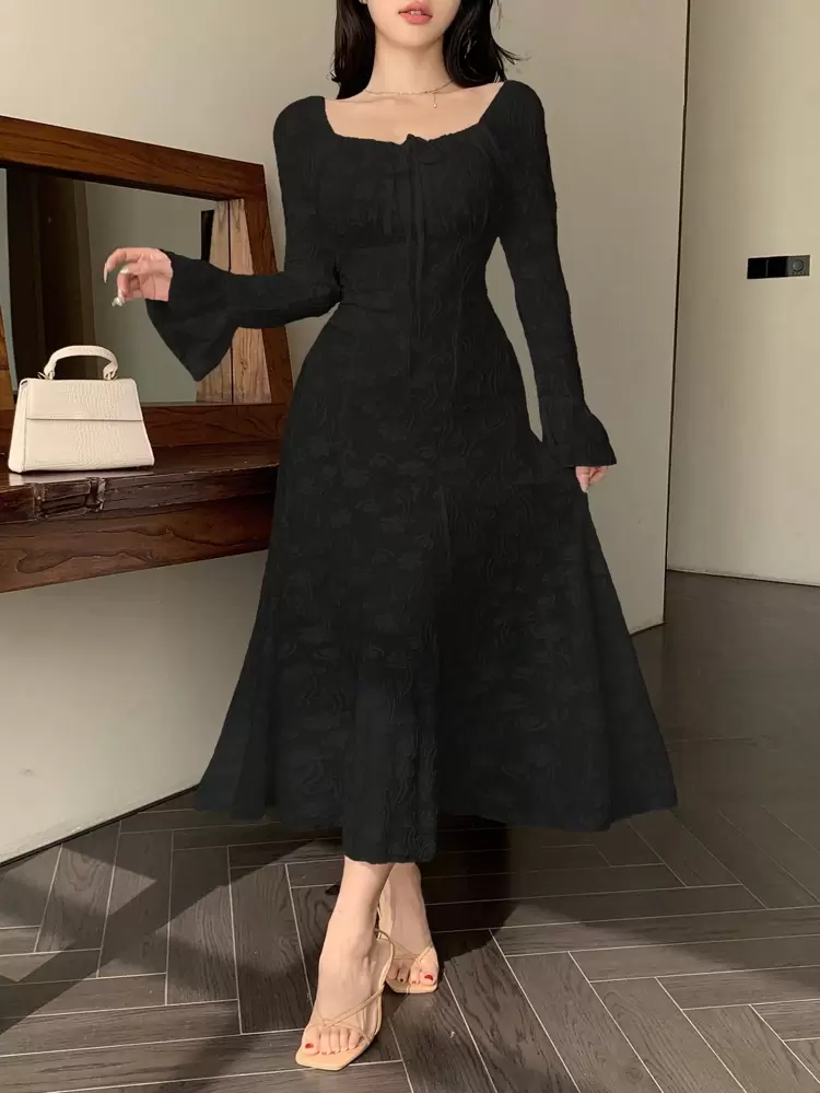 Women's Elegant Black Long Sleeve Textured Fabric Dress Elegant,Ruffle,Fall Dress Maxi Dress
