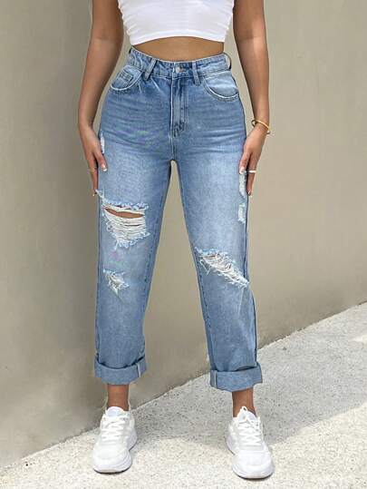SHEIN EZwear 女士休闲修身七分破洞牛仔裤，蓝色，夏季/夏季/夏季，春季/女士春季，女士海滩/海滩，女士早午餐，春假/春假，女士音乐会/狂欢节/乡村音乐会/伊比沙岛/纳什维尔