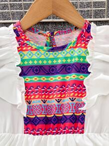 Young Girl Ruffle Trim Short Cap Sleeve Printed A-Line Dress - White - View 3