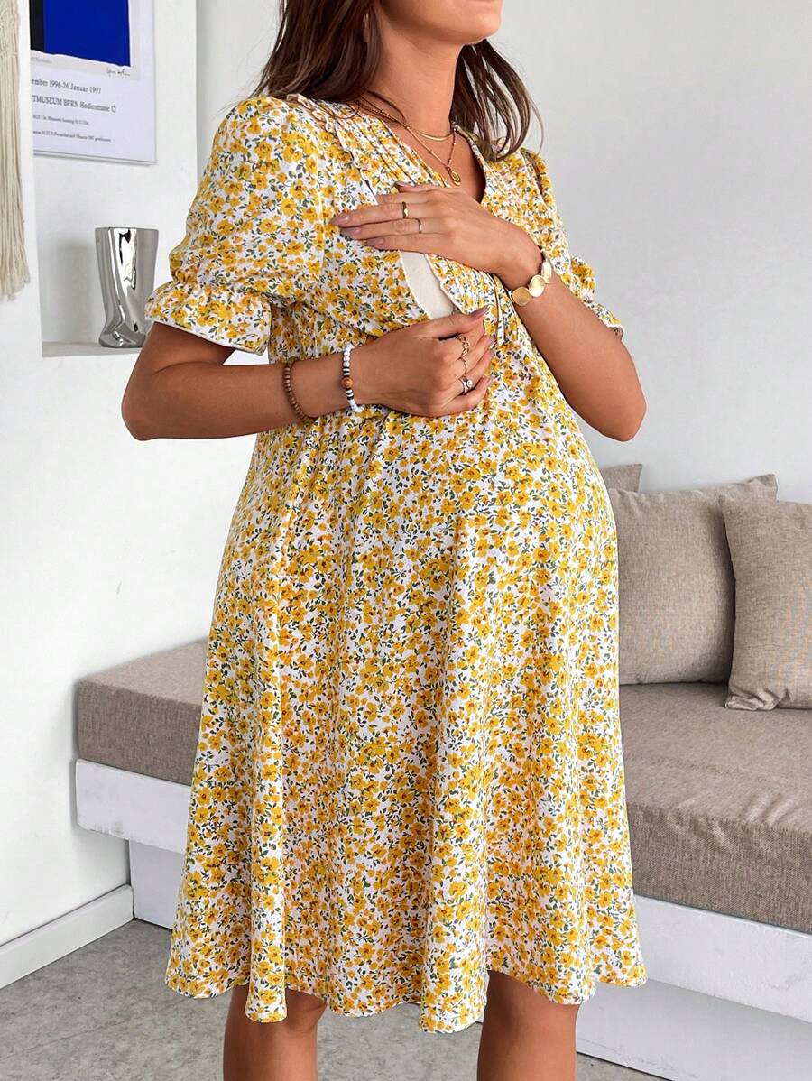 SHEIN Maternity Ditsy Floral V-Neck Puff Sleeve Nursing Function Mid-Length Dress For Vacation - Yellow - View 1