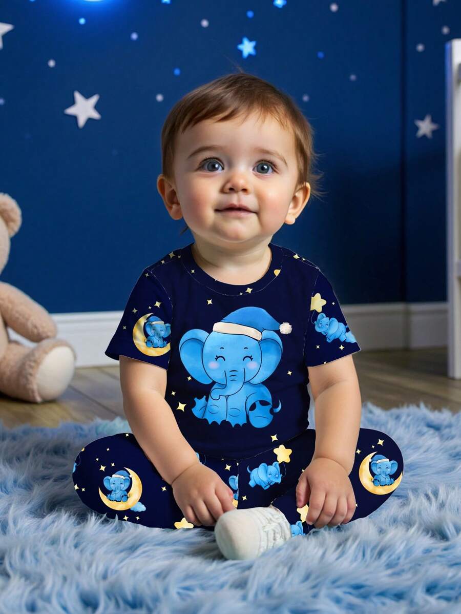 SHEIN Baby Boy Casual Cute Elephant & Moon Pattern Slim Fit Round Neck Comfy Short Sleeve Pants Set, Snug Fit For Spring/Summer - Multicolor - View 1