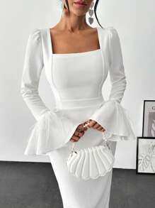 EURMUSE Elegant Style, Square Neck Flare Sleeve With Feather Detailed Midi Dress