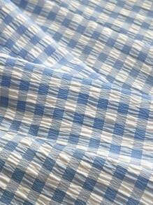Elamini Women Gingham Puff Sleeve Button-Up Shirt With Wooden Trim - Blue - View 3