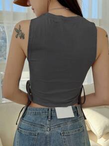 DAZY 标语图案结饰短款背心 狂野一面的超棒力量行走 充满阳光 天空才是极限 生来狂野节 - 深灰色 - 查看 2