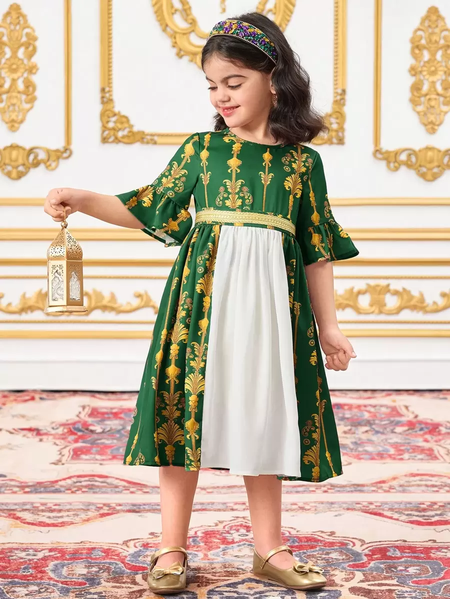 DRMZ Young Girl Chiffon Floral Splice Round Neck Snug Fit Dress - Green - View 1