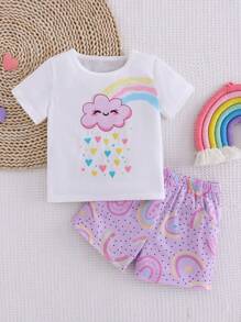 2 Stücke Set für Babys, Mädchen, lila, mit Wolken- und Regenbogen-Print, kurzärmliges Oberteil und Shorts, lässige, lockere Passform, Frühlings- und Sommerkleidung, Urlaubsset, lila Sets für den Sommer, Babys
