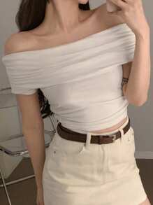 DAZY 女士露肩纯色T恤，简约时尚，适合夏季 - 白色 - 查看 2