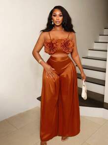 BamGleam 2025 年春夏女士两件套超大阔腿裤和三维花卉装饰背心，适合街头时尚派对和婚礼 - 亮橙色 - 查看 4