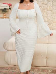 Modelyn Plus Size Women Square Neck Bell Sleeve Front Tie Waist Elegant Dress - White - View 5