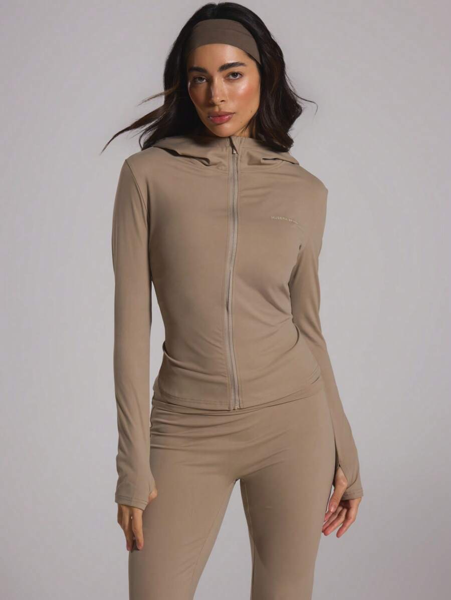 Fitted Full Zip Sculpt Hooded Jacket Musera Sport Active Workout ,Padel, Tennis, Pickleball Gym Fitness - Brown - View 1