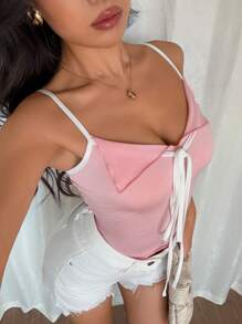 Chiquease Contrast Color Lapel Sweet Spicy Cropped Tank Top For Women, Figure Flattering, Layering, Unique Design Undershirt - Multicolor - View 3