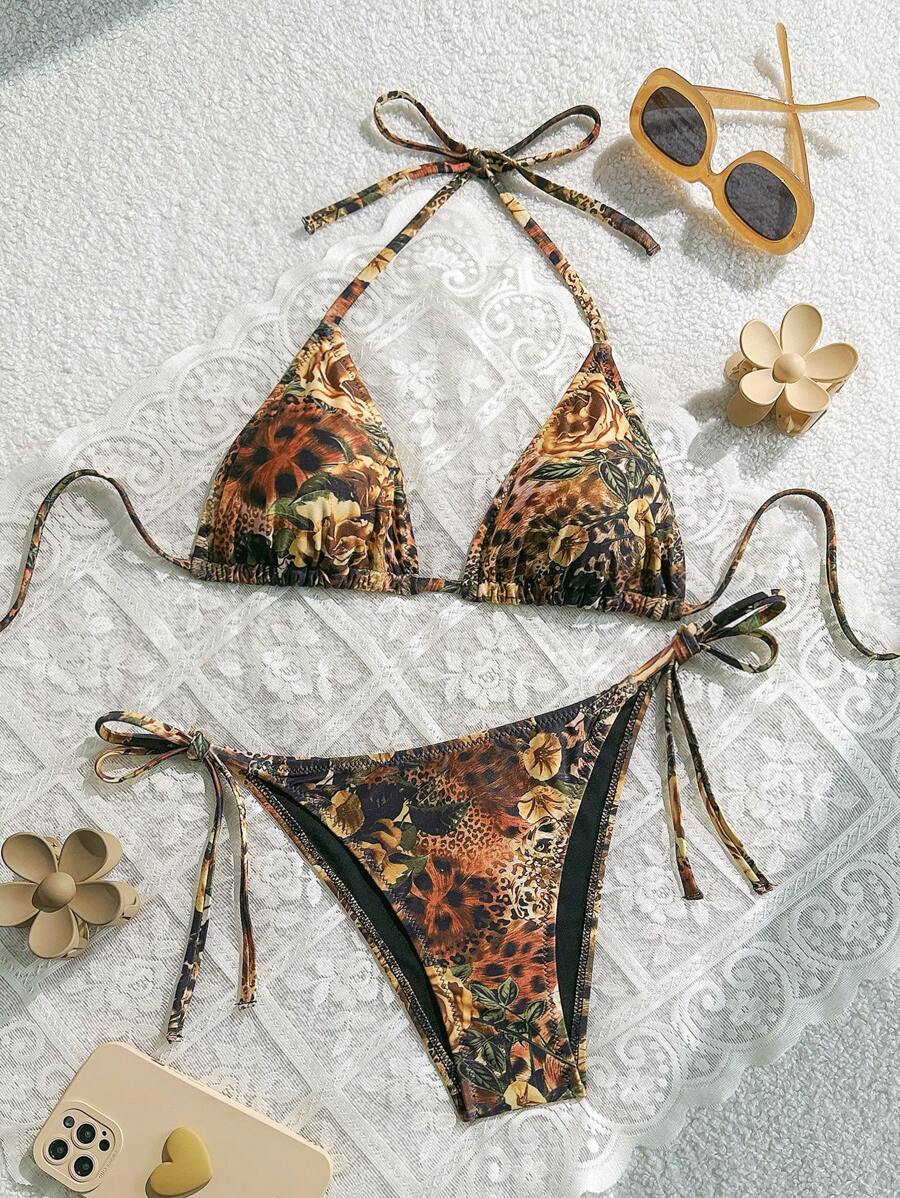 Swim Vcay 2pcs/Set Summer Floral Print Halter Neck Triangle Top & Narrow Side-Tie Sexy Bikini Set